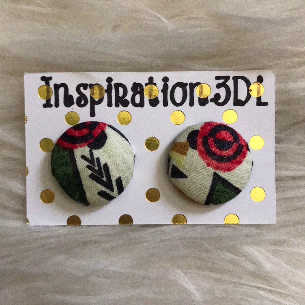 Floral Geometric Print Handmade Button Earrings